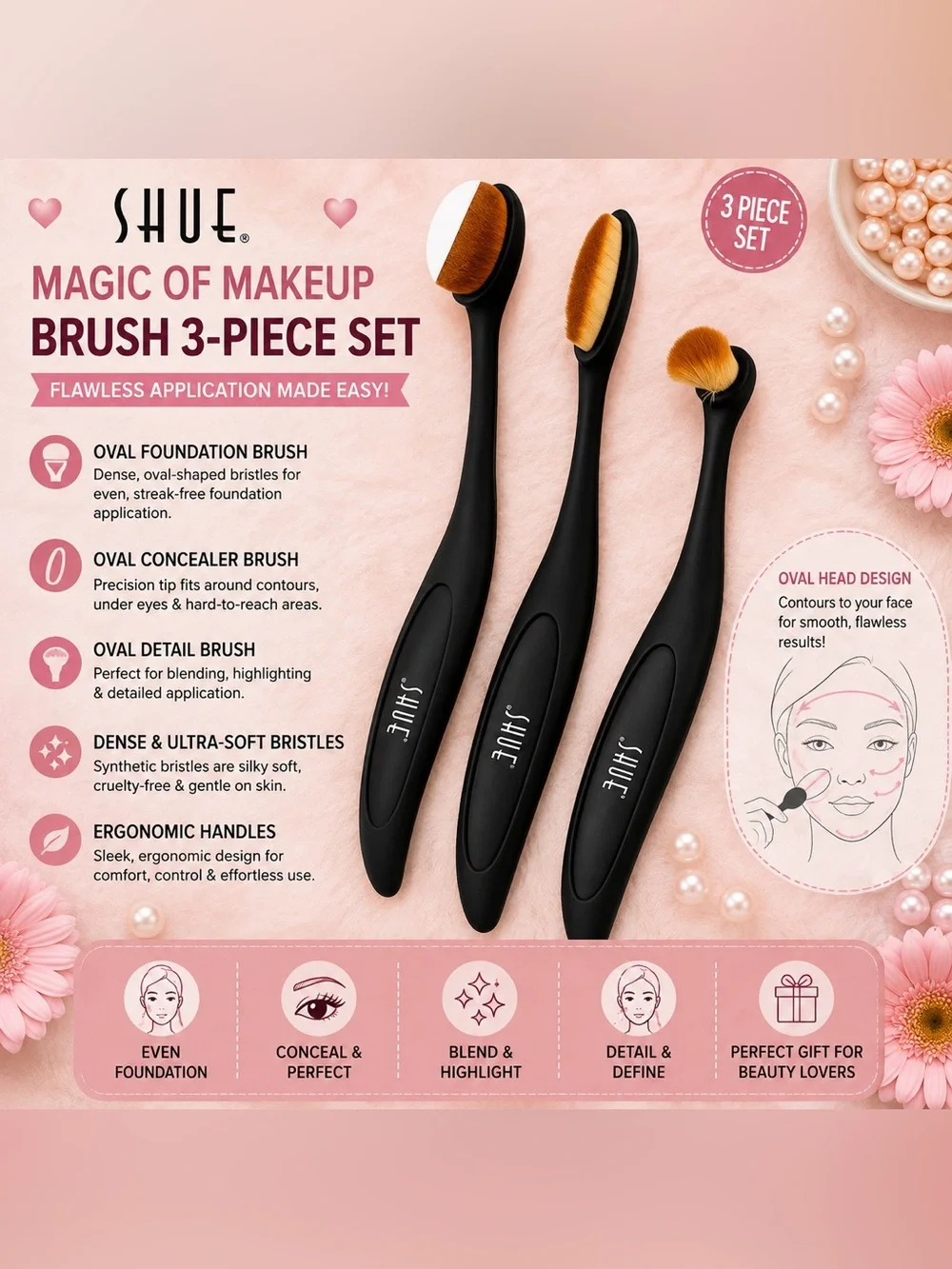 3-Piece Black Makeup Brush Set - Oval Foundation, Concealer & Detail Brushes